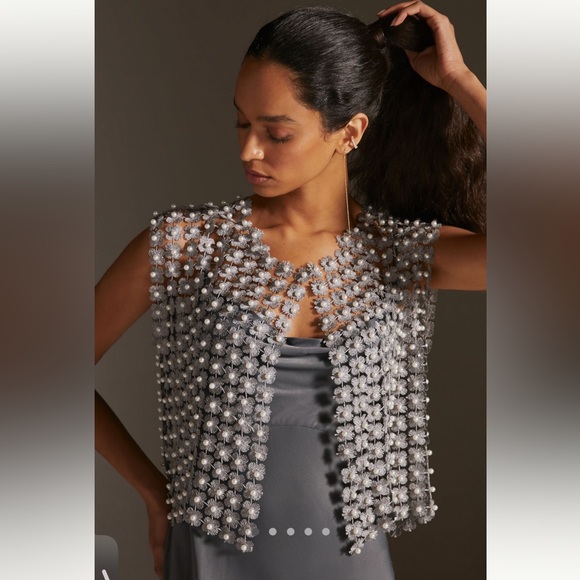 🍀SUPER RARE🍀 Anthropologie NWT Floral Beaded Cape Pearl Mesh Vest Cape ALL. - Picture 2 of 15